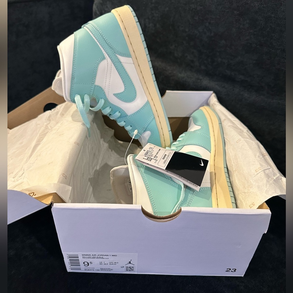 NWT Women’s Nike Air Jordan 1 Mid. Light Dew/Sail/Muslin Never worn. Size 9.5